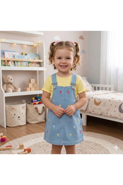 Girl's Denim Salopet Set Heart Embroidered Strap Jean Dress + Bodysuit