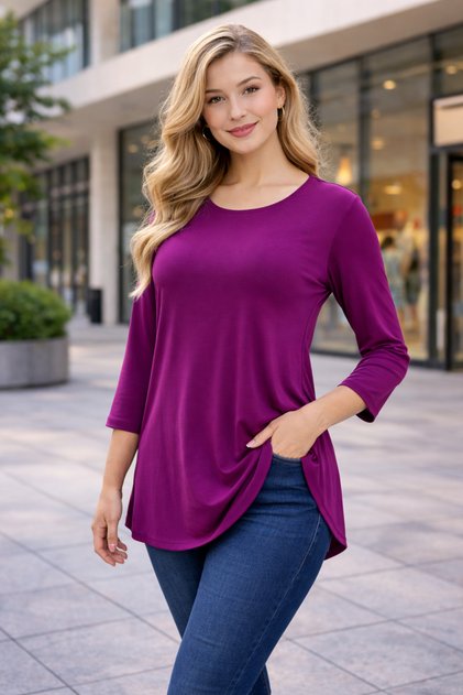 Kadın Uzun Kollu Bisiklet Yaka Oversize Asimetrik Kesim Rahat Yumuşak Fuşya Bluz