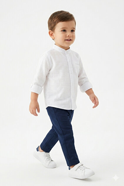 Baby Boy White Long Sleeve 100% Cotton Linen Shirt (the Pattern Is Small, Order One Size Larger)