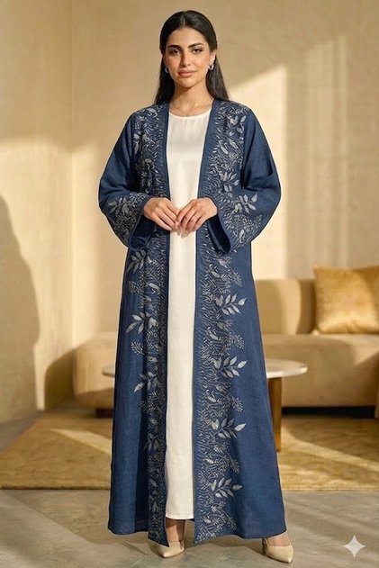 3 Pieces Women Embroidered Linen Abaya Set Inner And Shawl Muslim Arabaic Fringe Design Hijab Dress