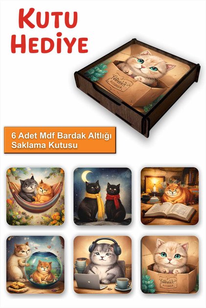 6-Piece Mdf Coasters with Storage Box – Cute Cats Theme