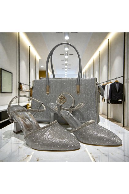Women's Silvery Stone Evening Dress Shoes and Bag Set – Stylish Combination for Weddings and Engagement Parties with Thick Heels