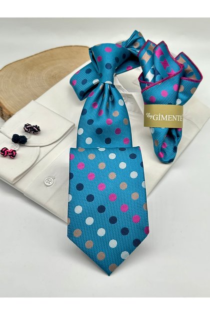 Turquoise Polka Dot Classic Tie with Handkerchief