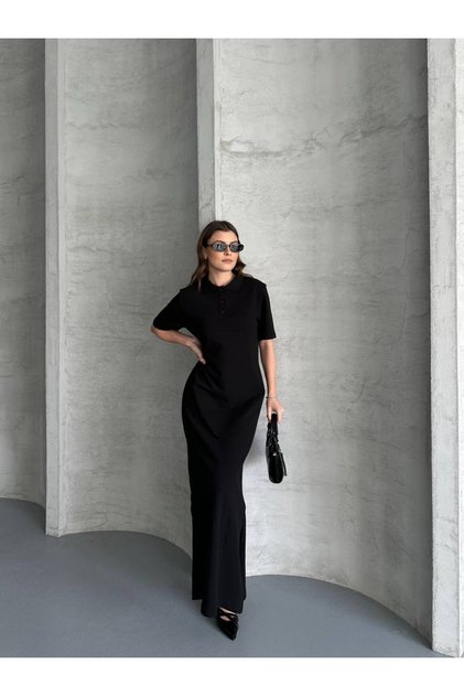 Polo Collar Full Length Pique Fabric Dress
