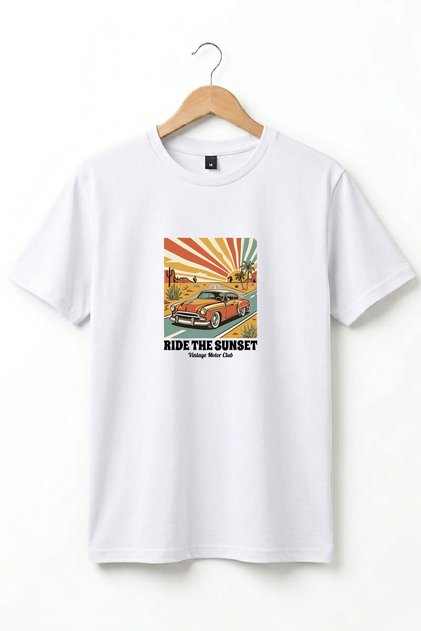 Unisex Vintage Ride the Sunset Retro Car Printed Cotton Basic T-Shirt