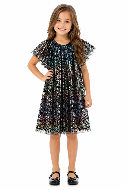 Girl's Sparkling Color Gradient Lined Midi Length Colorful Stylish Dress
