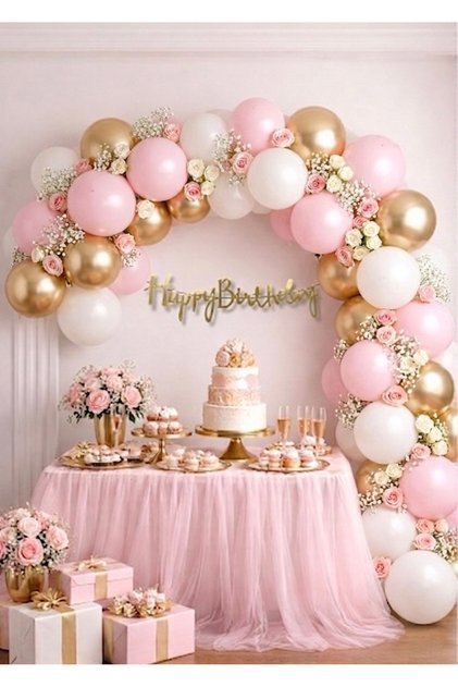 Pink White Gold Happy Birthday Balloon Chain Set (60 Balloons+Banner)