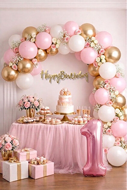 1 Year Old Pink White Gold Happy Birthday Balloon Chain Set (60 Balloons+Banner+Number)