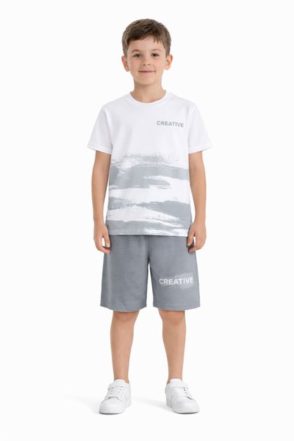 Gray Creative Written Patterned T-Shirt and Shorts Set for Boys 23792