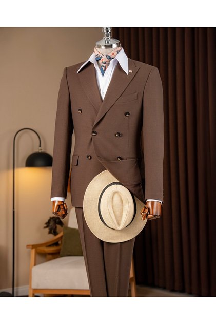Slim Fit Men's Double-Breasted Pointed Lapel Jacket Pants Suit Light Coffee T20097-31