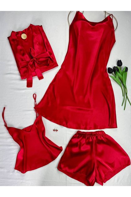 4-Piece Satin Dressing Gown Nightgown Pajama Set Dowry Set