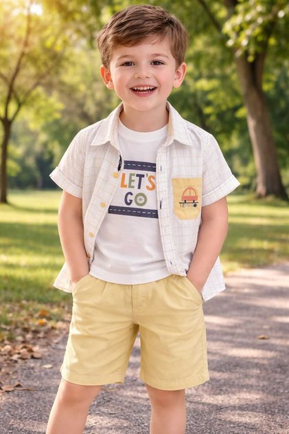 Car Embroidery Detailed Shirt and Shorts Summer Boys' Set