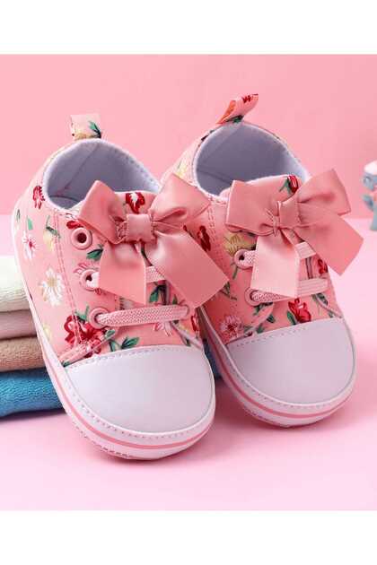 Slip On Booties with Floral Print & Bow Applique - Pink