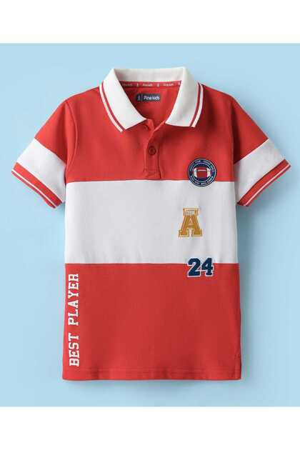 Cotton Knit Half Sleeve Cut & Sew Polo T-Shirt Best Player Text Print & Patch Detailing-Red & White