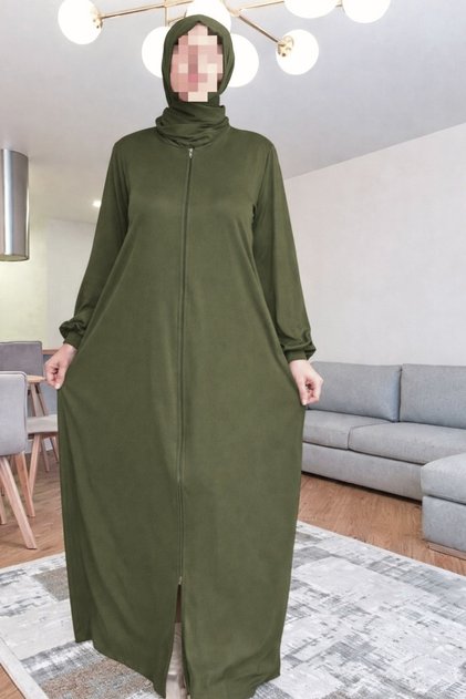 Kendinden Başörtülü fermuarlı Kadın Namaz Elbisesi, Terletmeyen Namaz elbısesı.feracesi