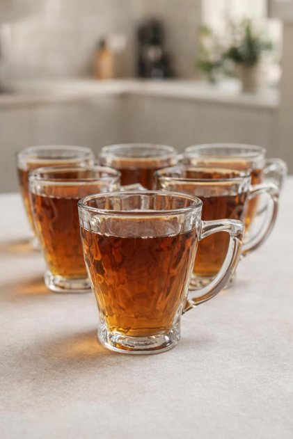Set of 6 Glass Cups with Handles – Transparent Patterned Tea & Coffee Cups, Durable Glass Mug Set