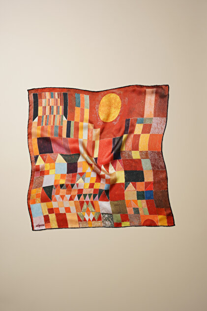 %100 İpek Bandana Fular Art Collection (55X55 CM)-Paul Klee (Castle And Sun)