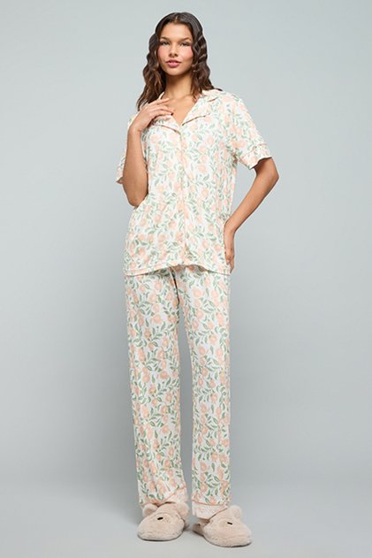 Printed Lapel Collar Pyjama Set
