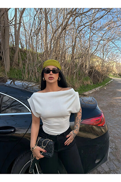White Bat Sleeve Boat Neck Crop Top