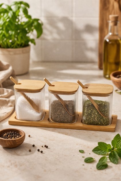 Set of 3 Glass Spice Jars with Bamboo Lids and Stands – Borosilicate Glass Jar Set with Spoons