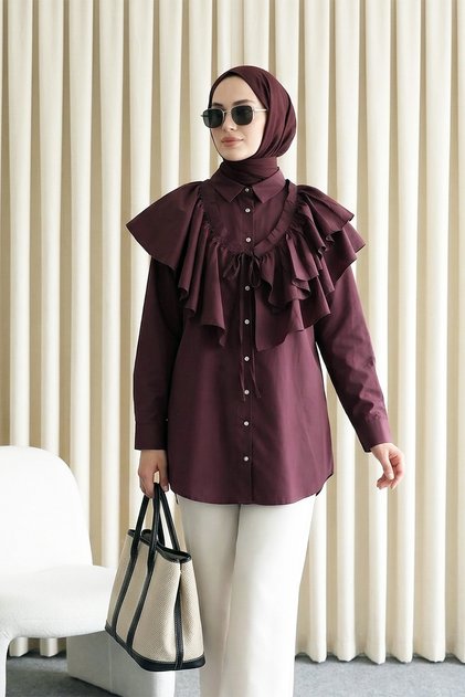 Oval Cut Cape Detailed Buttoned Plum Tunic - Plum