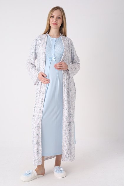 Patterned Dressing Gown Short Sleeve Maternity-Nursing Nightgown 2-Piece Set