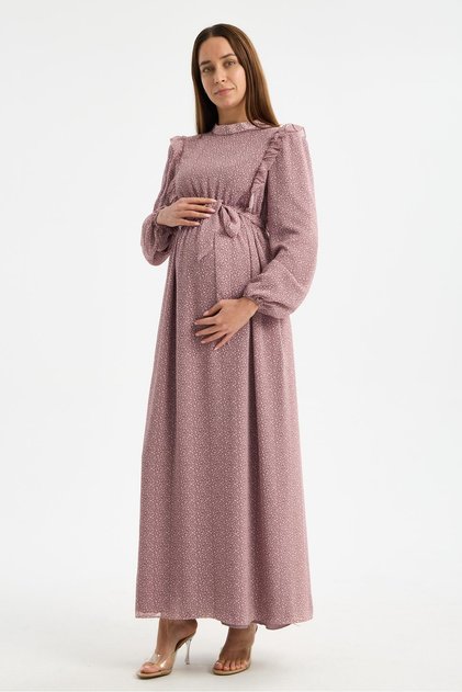 M0024-Hakim Collar Mini Leopard Pattern Maternity Maxi Chiffon Dress