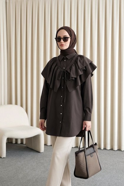 Oval-Cut Cape with Detailed Buttoning, Dark Brown Tunic - Dark Brown