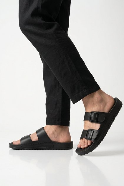 Black Genuine Leather Double-Strapped Soft Sole Men's Slippers 8422 m