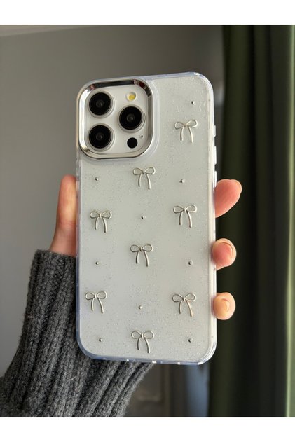 Bow and Pearl Figured Transparent Phone Case Compatible with iPhone 14 Plus and iPhone 15 Plus