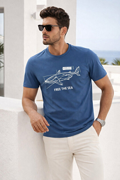 Men's Indigo Cotton Printed Crew Neck Basic T-Shirt