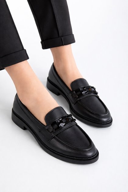 Kadın Loafer Makosen Casual Siyah Kare Tokalı Günlük Şık Ve Rahat Ayakkabı