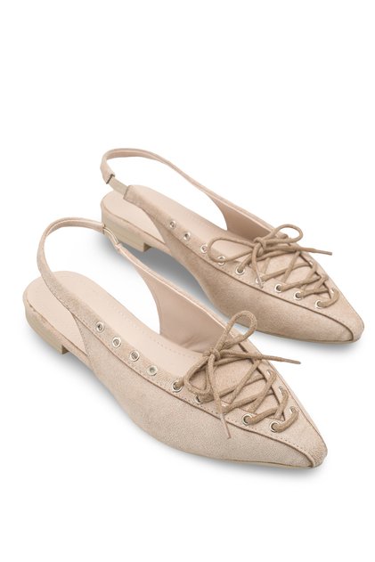 Beige Wildleder-Ballerinas für Damen mit Schnürung und spitzer Zehenpartie, lässige, stilvolle Schuhe