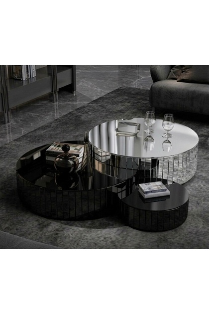 LUXURY SIYAH CAMLI GÜMÜŞ AYNALI ORTA SEHPA SETI ÇAP BÜYÜK 85 × 85 KÜÇÜK 50 × 50 YÜKSEKLIK 23/28/33CM