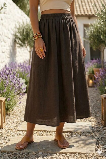 Brown Hidden Pocket Thick Washed Elastic Waist Casual Gabardine Midi Length Woven Skirt 90 66