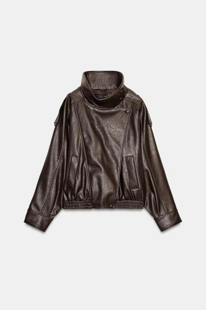 ZR Dik Yaka Orjinal Desen Yumuşak Oversize KAHVERENGİ Deri Ceket