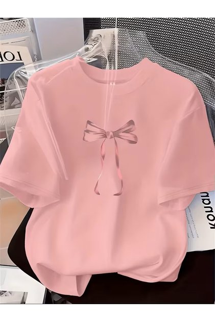 Plus Size,Women's Fashionable Pink Bow Decorated Short Sleeve Printed T-Shirt
