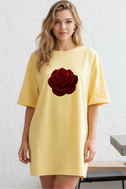 Elbisee Women's Red Oversize T-Shirt Dress – Red Rose Print (Rose Design)