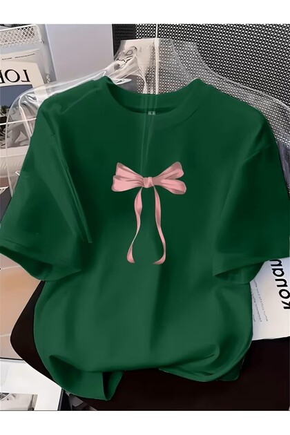 Plus Size,Women's Fashionable Pink Bow Decorated Short Sleeve Printed T-Shirt