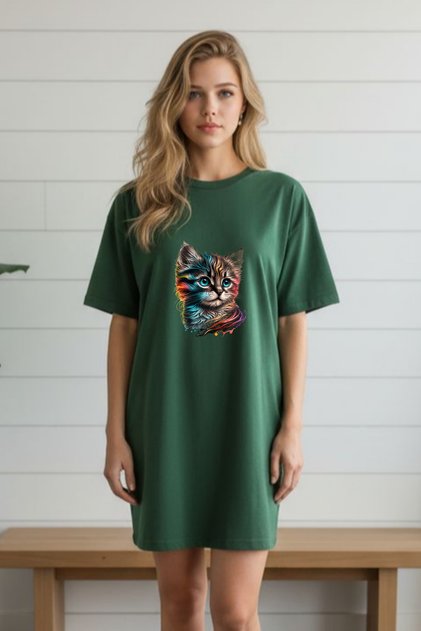 Elbisee Women's Black Oversize T-Shirt Dress with Colorful Cat Print