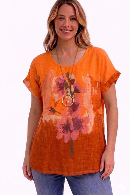 Women's Italian Orange Round Neck Oversize Loose 100% Cotton Short Sleeve Blouse with Necklace