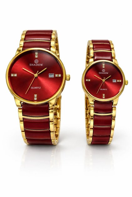 Crimson Duo Couple Watch Set for Men & Women Watches, Red Dial with Gold Strap,
