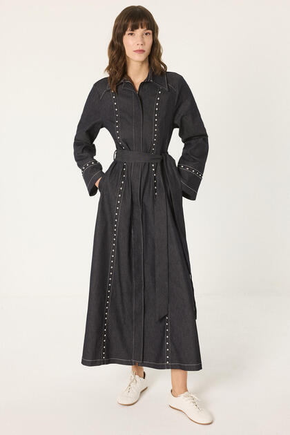 Touche Prive Stone-Embellished Denim Dress- Trendyol