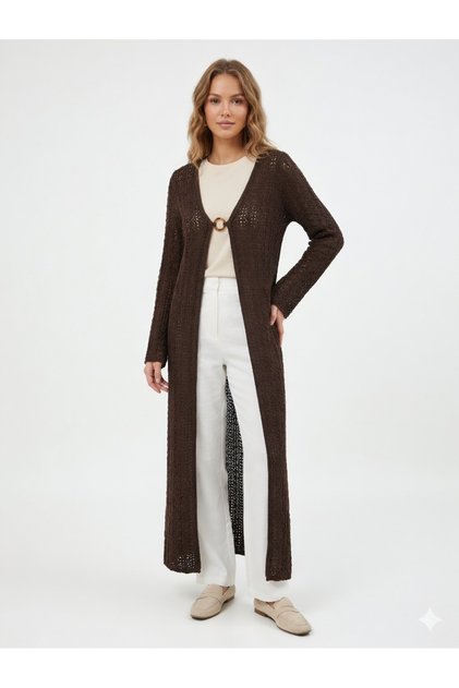 Hrk0012 Women's Brown Openwork Knit Detailed Ring Buckle Long Seasonal Knitwear Cardigan