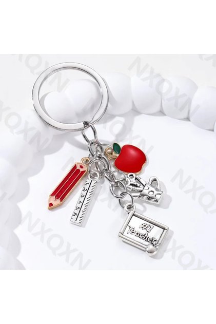 Silver Teacher Appreciation Keychain Pencil Ruler Design Enamel Alloy Gift for Educators Mentor