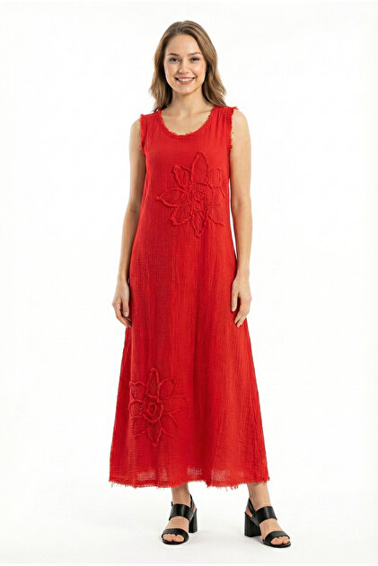 Sleeveless Spacious Crew Neck Summer Authentic Muslin Long Dress Red Krmz