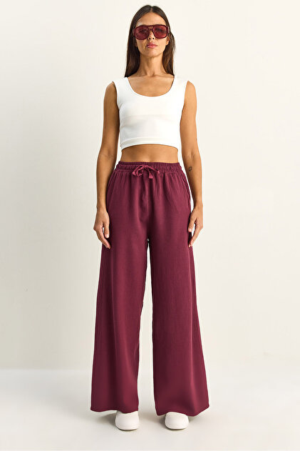 Women's Plum Waist Elasticated Pocket Detailed Loose Linen Trousers Yp5562 60286109