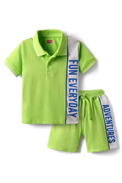 Single Jersey Knit Half Sleeve Polo T-Shirt and Shorts Set Everyday Fun Adventure -Neon Green