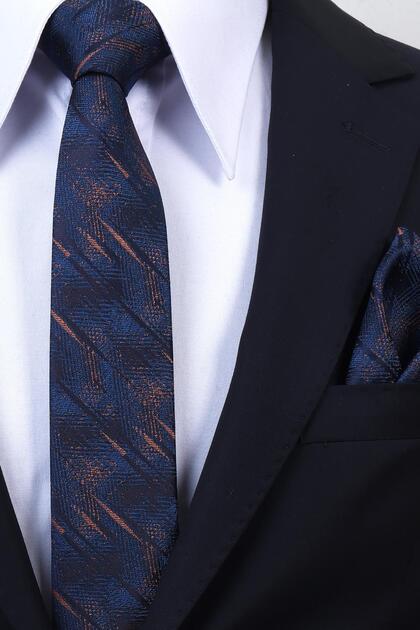 Hand Made 6 cm Slim Patterned Navy Blue Tile Color Handkerchief Thin Tie