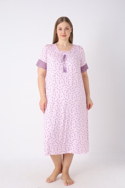 Women's Plus Size Elegant Collar Lace and String Detailed Ring Viscose Short Sleeve Nightgown